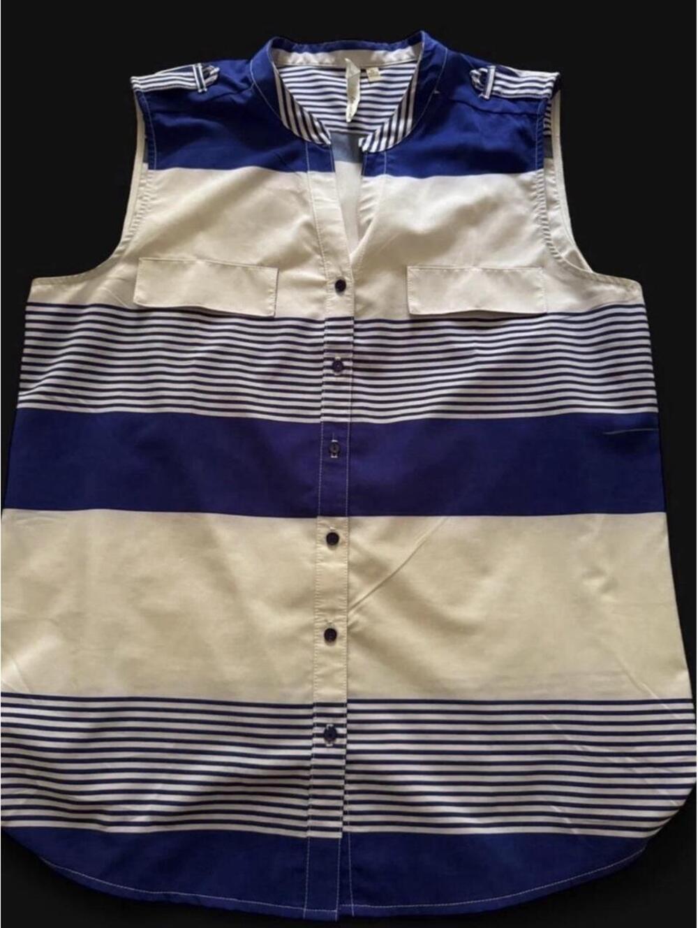 Nautical Stripe Sleeveless Button-Down Blouse xl